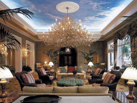 Broadmoor main hotel living room with couches and chandelier 